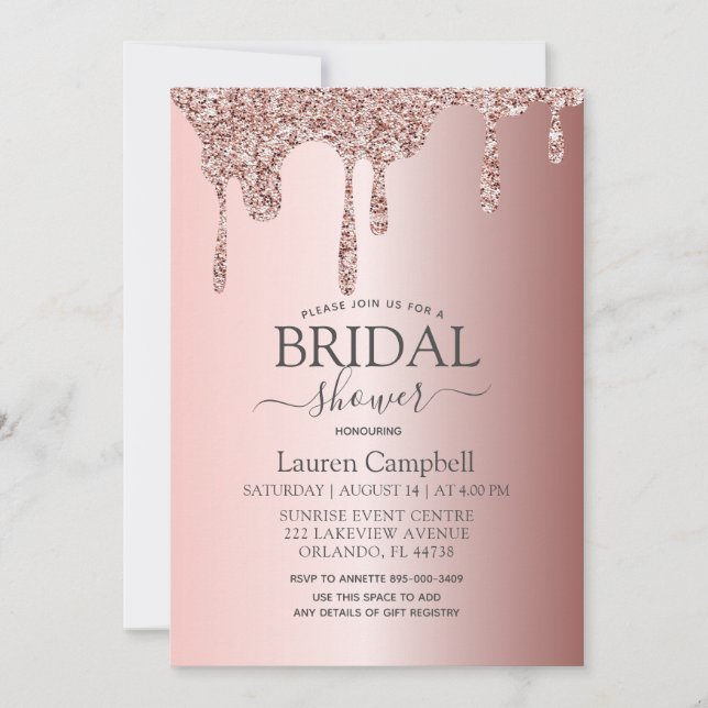 Girly Bridal Shower Rose Gold Glitter Drips Invitation (Front)