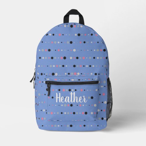 Girly Bright Blue Polka Dots Monogram Name Printed Backpack