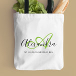 Girly Bright Green Elegant Script Name Monogram Tote Bag<br><div class="desc">Personalize your beautiful monogrammed white Grocery Tote Bag! The text below may be personalized to your preferred sentence or even your full name; you can also delete it if you prefer. If you need help, please let us know at belytaliarecipes@gmail.com, and we will be glad to assist you. © Belytalia...</div>