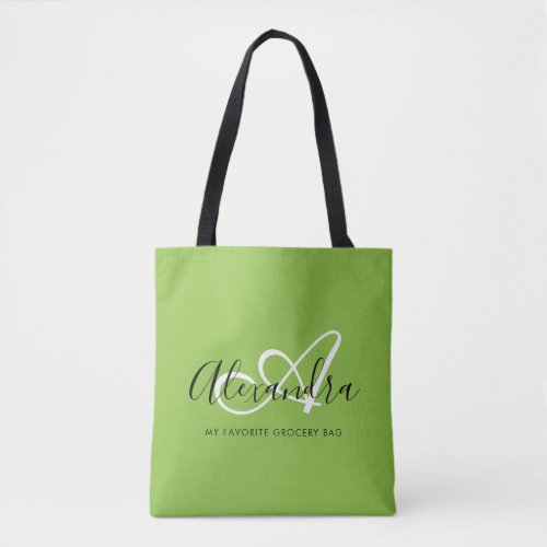 Girly Bright Green Trendy Elegant Script Monogram Tote Bag