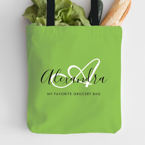 Girly Bright Green Trendy Elegant Script Monogram Tote Bag