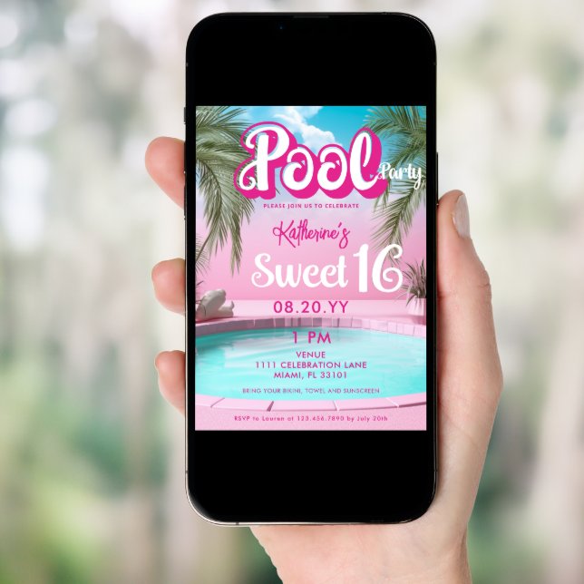 Girly Bright Hot Pink Pool Party Sweet 16 Sixteen Invitation (Front Digital)