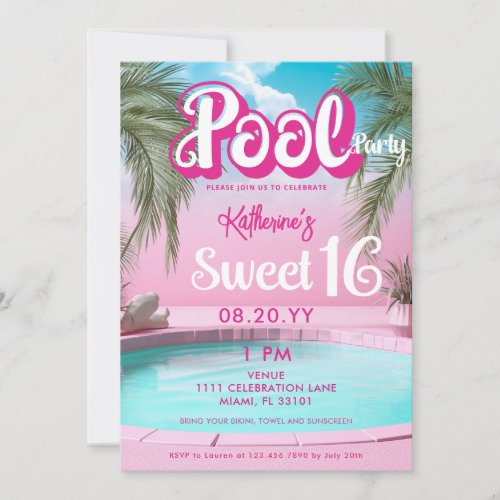 Girly Bright Hot Pink Pool Party Sweet 16 Sixteen Invitation