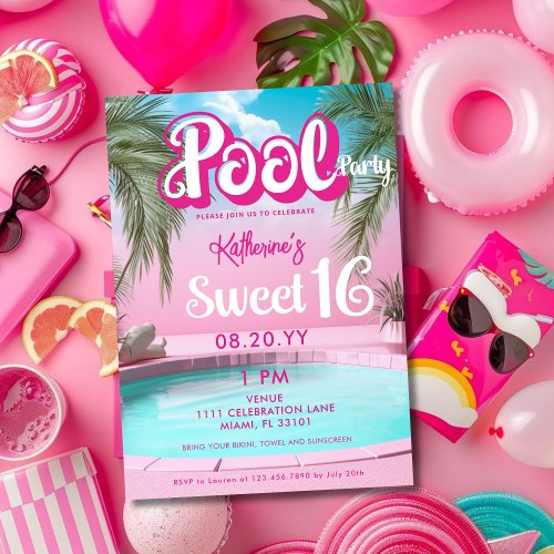 Girly Bright Hot Pink Pool Party Sweet 16 Sixteen Invitation