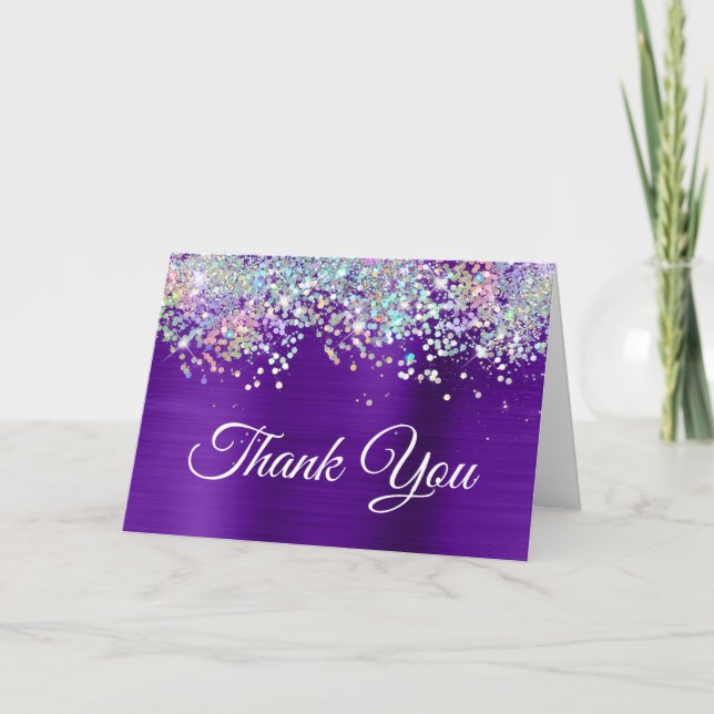 Girly Bright Indigo Purple Foil Holo Glitter Thank You Card (Front)
