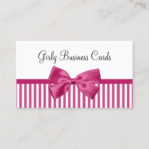 Girly Bright Pink and White Stripes Cute Pink Bow Business Cards