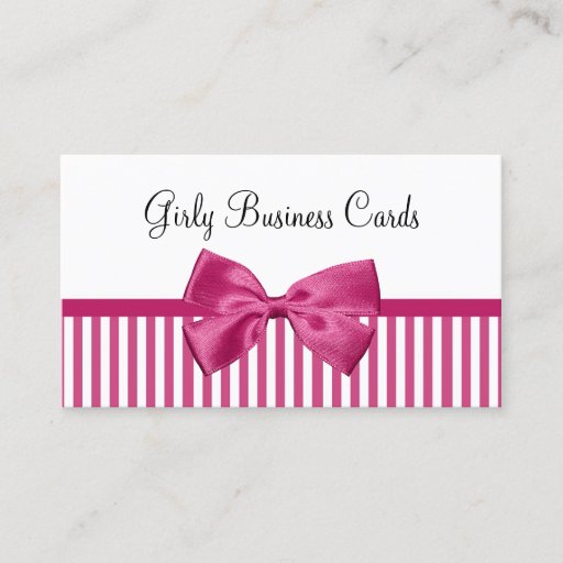 Customizable Girly Bright Pink and White Stripes Cute Pink Bow Business Cards