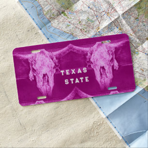 Girly Bright Pink Texas State Bull Skulls License Plate
