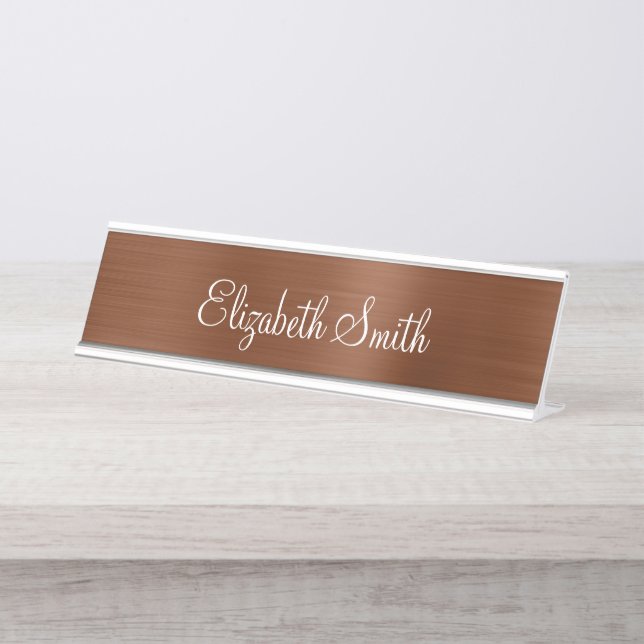 Girly Bronze Brown Metallic Foil Desk Name Plate (Front)