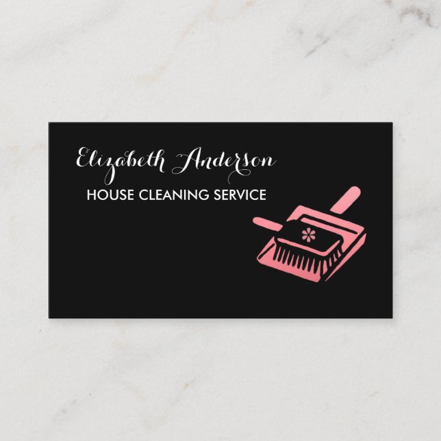 Girly Broom Pink and Black House Cleaning Service Business Card (Front)