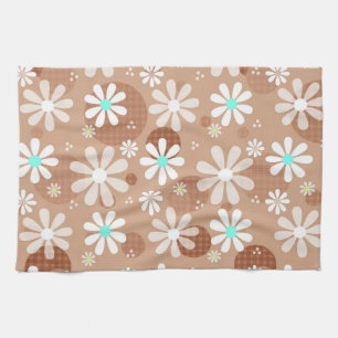 Girly Brown Daisy Flower Pattern Cute Aqua Dots Kitchen Towel