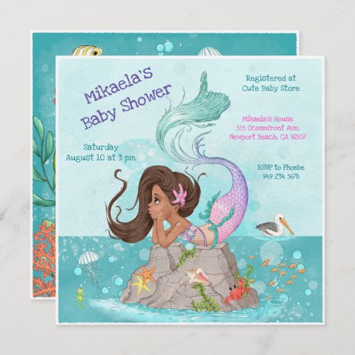 Girly Brown Hair Tan Turquoise Mermaid Baby Shower Invitation
