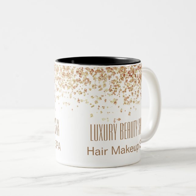 Girly Brownish Glittery Luxury Beauty Salon Two-Tone Coffee Mug (Front Right)