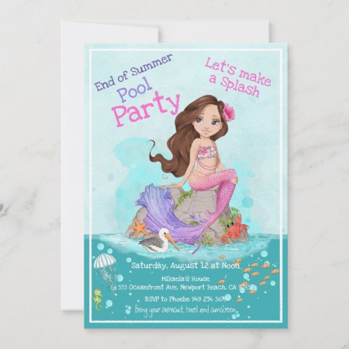 Girly Brunette Pink Mermaid Summer Pool Party  Invitation