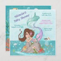 Girly Brunette Pink Turquoise Mermaid Baby Shower Invitation