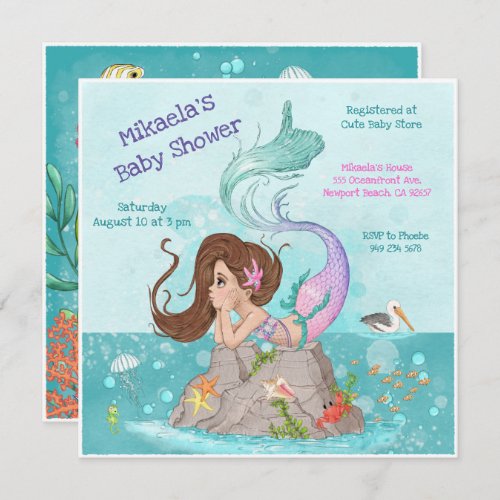 Girly Brunette Pink Turquoise Mermaid Baby Shower Invitation