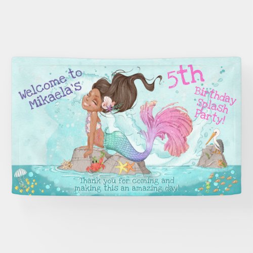 Girly Brunette Tan Turquoise Pink Mermaid Birthday Banner