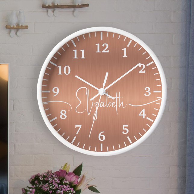 Girly Brushed Copper Metal White Monogram Name  Clock (Creator Uploaded)