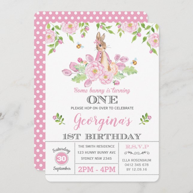 Girly Bunny 1st Birthday Party Pink Garden Floral Invitation (Front/Back)