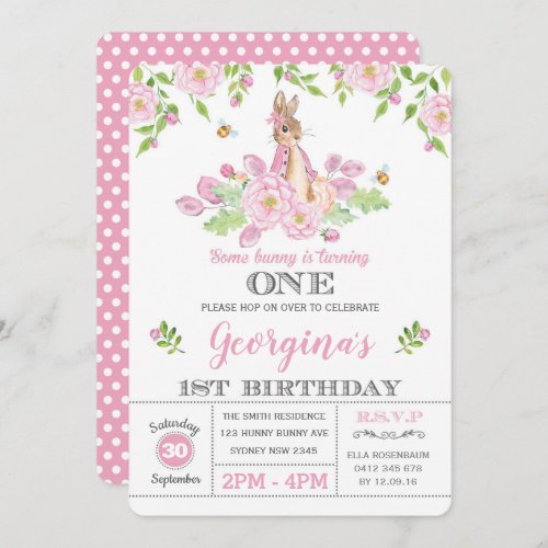 Girly Bunny 1st Birthday Party Pink Garden Floral Invitation