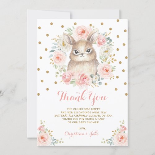 Girly Bunny Blush Pink Gold Floral Baby Shower Thank You Card