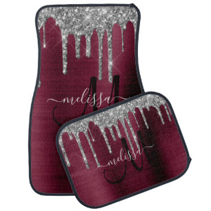 Girly Burgundy Brushed Metal Dripping Glitter Name Car Floor Mat