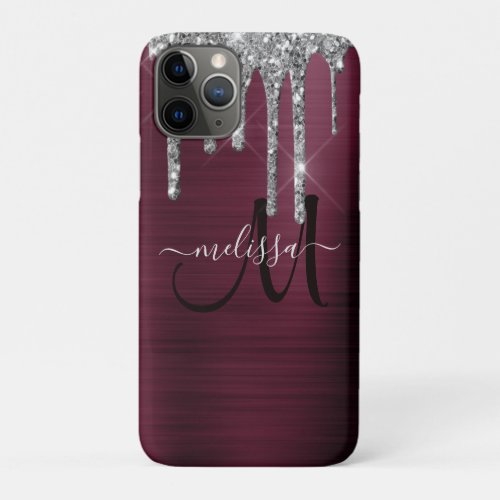 Girly Burgundy Brushed Metal Dripping Glitter Name iPhone 11 Pro Case