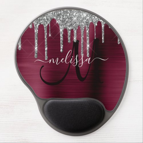 Girly Burgundy Brushed Metal Dripping Glitter Name Gel Mouse Pad