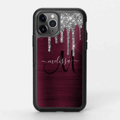 Girly Burgundy Brushed Metal Dripping Glitter Name OtterBox Symmetry iPhone 11 Pro Case