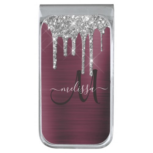 Girly Burgundy Brushed Metal Dripping Glitter Name Silver Finish Money Clip