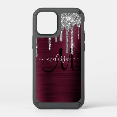 Girly Burgundy Brushed Metal Dripping Glitter Name Speck iPhone 12 Mini Case