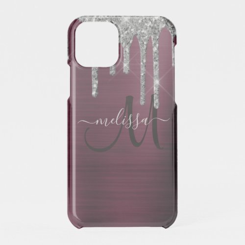 Girly Burgundy Brushed Metal Dripping Glitter Name iPhone 11 Pro Case