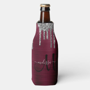 Girly Burgundy Dripping Glitter Brush Metal Name Bottle Cooler