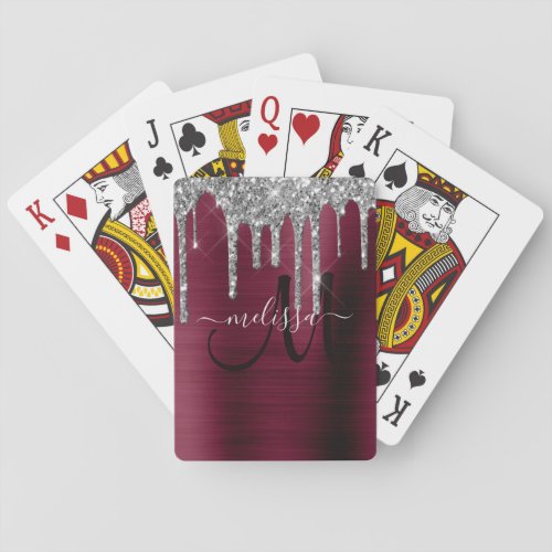 Girly Burgundy Dripping Glitter Brush Metal Name Poker Cards
