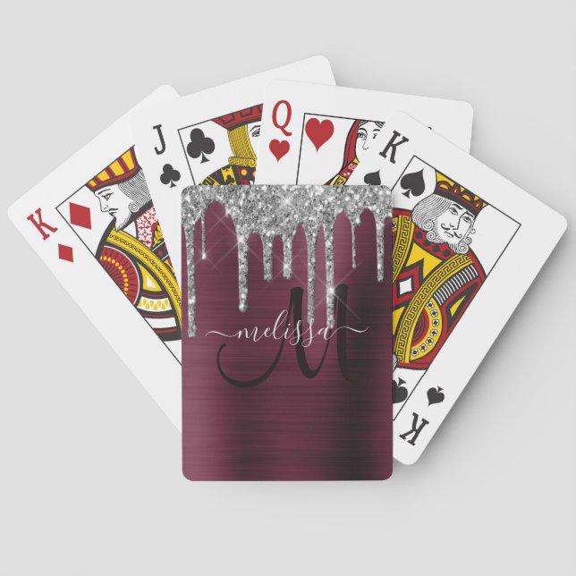 Girly Burgundy Dripping Glitter Brush Metal Name Poker Cards (Back)