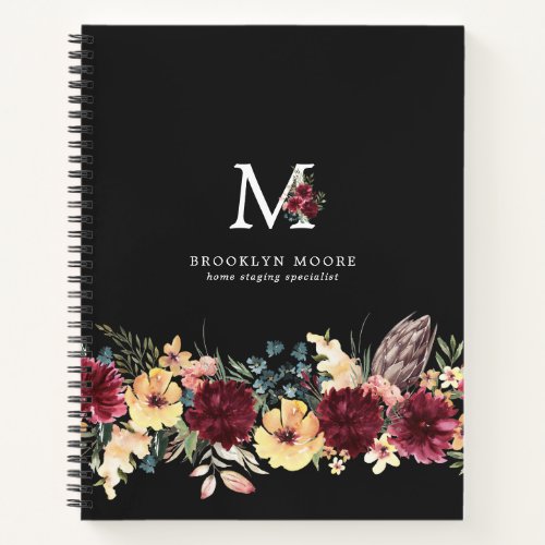 Girly Burgundy Floral Watercolor Boho Monogram Notebook