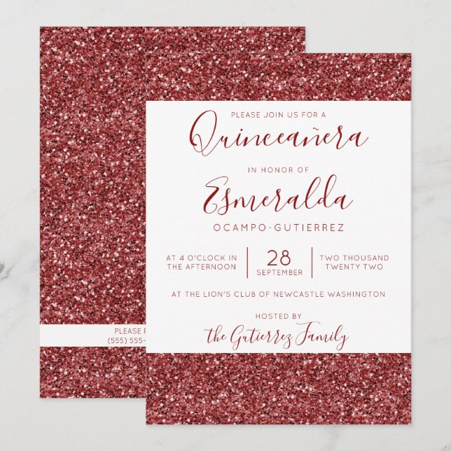 Girly Burgundy Glitter Sparkle Quinceanera Invitation (Front/Back)