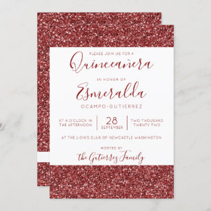 Girly Burgundy Glitter Sparkle Quinceanera Invitation