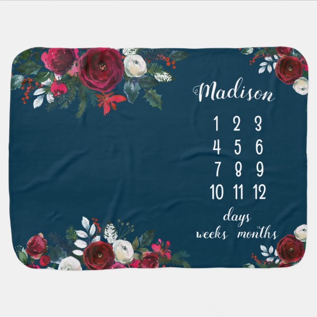 Girly Burgundy Ivory White Floral Milestone Baby Blanket (Horizontal)