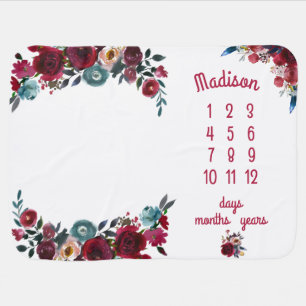Girly Burgundy Navy Floral Milestone baby blanket
