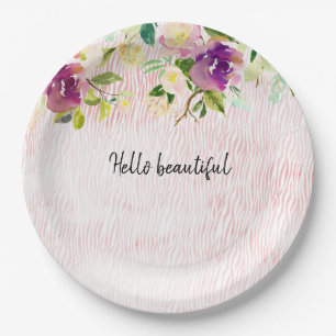 Girly Burgundy Pink Watercolor Floral Animal Print Paper Plates