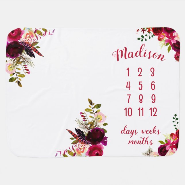 Girly Burgundy Red Floral Milestone Baby Blanket (Horizontal)