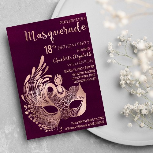 Girly Burgundy Rose Gold Masquerade 18th Birthday Invitation