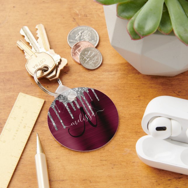 Girly Burgundy Silver Dripping Glitter Metallic Keychain (Desk)