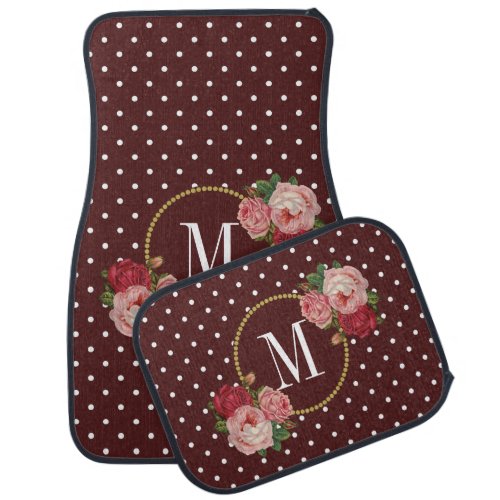 Girly Burgundy White Dots Vintage Flowers Monogram Car Floor Mat