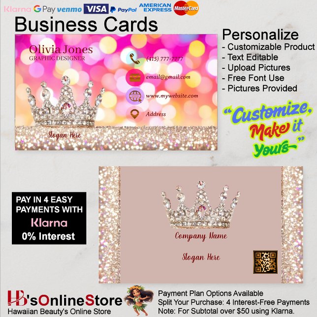 Girly Business Trendy Glitter Elegant Crown QRCode Card (Girly Business Trendy Glitter Elegant Crown QRCode Business Card 29.
)