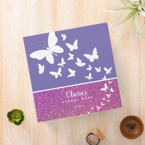 Girly Butterflies Personalized Glitter Purple 3 Ring Binder