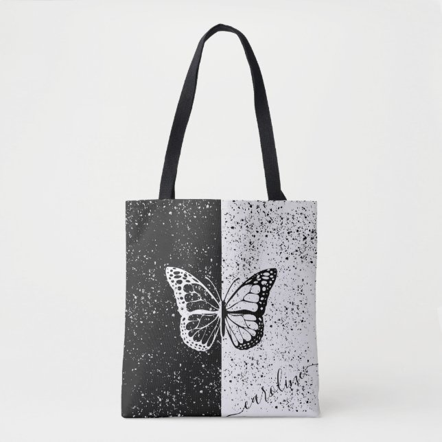 Girly Butterfly Black & White Elegant Custom Name Tote Bag (Front)