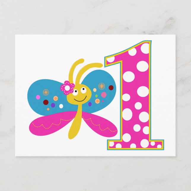 Girly Butterfly First Birthday Postcard (Front)