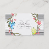 Girly Butterfly Floral and Stripes Event Planner Business Card (Front)